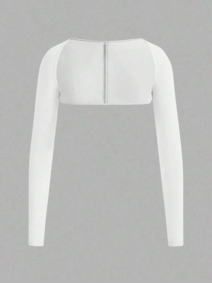 Blusa de manga larga ajustada y corta de unicolor para mujer - Blanco - Ver 1