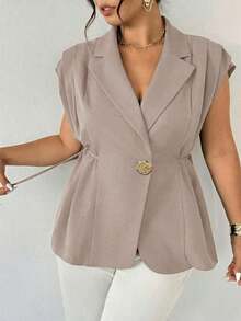 de traje delgada de botón de metal casual y elegante a juego para mujer talla grande, de lino marrón/Chaqueta de traje de imitación de lino/Blusa con lazo plisado/Ropa casual de negocios para mujer/Ropa de maestra/Ropa retro para mujer/Co - Caqui - Ver 3