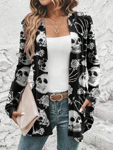 Chaqueta de cárdigan casual y holgada con estampado de calavera, de manga larga, adecuada para otoño/invierno, cárdigan de manga larga para otoño, ropa de mujer para Halloween, casual - Multicolor - Ver 1