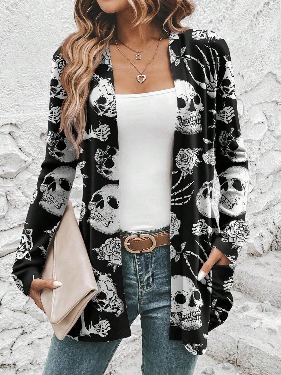 Chaqueta de cárdigan casual y holgada con estampado de calavera, de manga larga, adecuada para otoño/invierno, cárdigan de manga larga para otoño, ropa de mujer para Halloween, casual - Multicolor - Ver 1