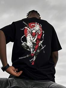 Samurai Print T-Shirt - 100% Cotton Short Sleeve Martial Arts Design With Katana And Kanji On The Back, Casual Round Neck For Summer, Themed Events And Casual Wear - 黑色 - 查看 7