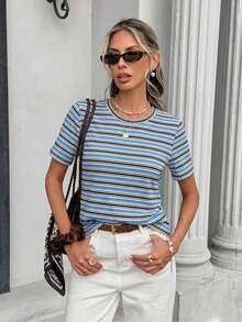 Frenchy Camiseta de mujer de manga corta, cuello redondo, a rayas, de estilo casual para el verano - Multicolor - Ver 3
