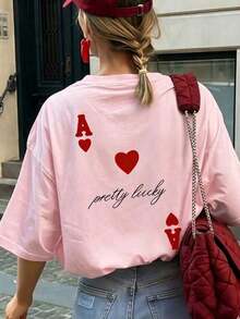 Fashionable Women's T-Shirt, Cute Poker Letter And Heart Print, Soft And Comfortable Fabric, Loose And Casual Fit, Y2K Aesthetic Round Neck And Short Sleeves, Suitable For Valentine's Day, Dates, Going Out With Friends, Spring/Summer Casual Wear, Shopping Trips In Pink - 羅莎 - 查看 1