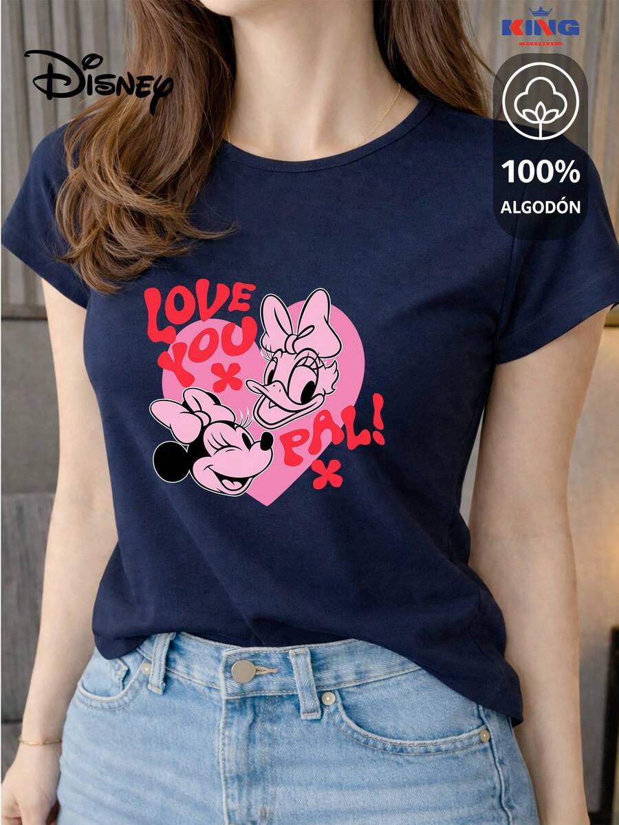 Women's T-Shirt Made Of 100% High-Quality Cotton. This T-Shirt Guarantees Exceptional Softness To The Touch, With A Round Neck, "Disney Minnie & Daisy Love You Pal" Print, And Short Sleeves. - 藏蓝色 - 查看 1