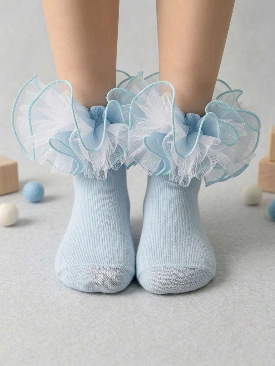 1 đôi tất cổ ngắn viền bèo mềm mại cho trẻ em, tất công chúa mềm mại và thoải mái, phù hợp cho bé gái, thích hợp cho trường học, khiêu vũ và các dịp đặc biệt. - Màu xanh nhạt - Xem 1