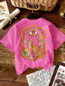 Camiseta Casual de Mujer con Estampado de Tigre y Flores, Negra, Verano - Rosa Fucsia - Ver 2