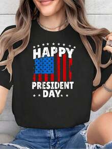 Algodón Camiseta % Algodón Con La Bandera Estadounidense Del Día Del Presidente, Cuello Redondo, Manga Corta Suave Y Elegante, Para Mujer.Camiseta Con Estampado De La Historia Del Presidente.Camisetas Gráficas. - Negro - Ver 1