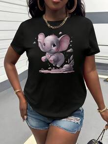 Vintage, Retro, Y2K - Women's Pure Cotton T-Shirt, Casual Short Sleeve Crew Neck Tee - Fun Flying Elephant Print, Soft And Breathable Fabric, Loose Fit, Machine Washable, Comfortable For All Seasons, Summer Top, Anime Themed Clothing, Lightweight T-Shirt, Everyday Wear, Anime Style, Printed Design, Must-Have For Anime Fans - Maternity, Summer, Winter - 黑色 - 查看 1