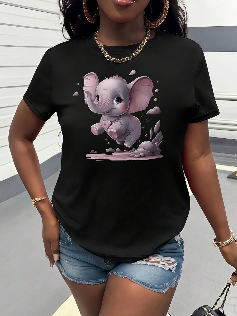 Vintage, Retro, Y2K - Women's Pure Cotton T-Shirt, Casual Short Sleeve Crew Neck Tee - Fun Flying Elephant Print, Soft And Breathable Fabric, Loose Fit, Machine Washable, Comfortable For All Seasons, Summer Top, Anime Themed Clothing, Lightweight T-Shirt, Everyday Wear, Anime Style, Printed Design, Must-Have For Anime Fans - Maternity, Summer, Winter - 黑色 - 查看 1