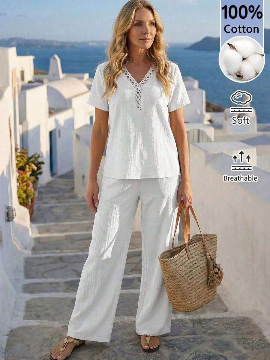 Faunlyn Conjunto de 2 piezas de camisa y pantalones de unicolor casual de vacaciones para mujer - Negro - Ver 1