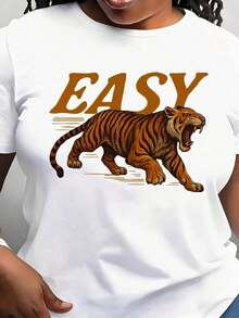 Women's T-Shirt With Roaring Tiger Print, Bold Stripes And Intense Gaze, Casual Short Sleeve T-Shirt For Everyday Outdoor Wear, Suitable For Any Occasion, Perfect As A Birthday Gift, Wear In All Seasons, Casual Blouse For Women, Cotton T-Shirts For Women - 白色 - 查看 6