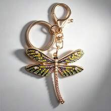 Vibrant Dragonfly Keychain, Gold-Tone With Multicolor Rhinestone, Whimsical Nature Bag Charm, Ideal For Handbag Decor & Nature Lover's Gift - màu xanh lá - Xem 3