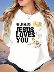 Camiseta con Estampado Floral 'Good News Jesus Loves You', Corte Holgado Casual para Mujer, Ropa de Verano, Ropa de Fe Cristiana, 220g Adecuado como regalo. playera de mujer. blusas>elegantes. boho chic,Top de mujer suave, transpirable y cómodo, ideal para primavera, verano y otoño, perfecto para vacaciones, viajes y uso diario. - Blanco - Ver 9