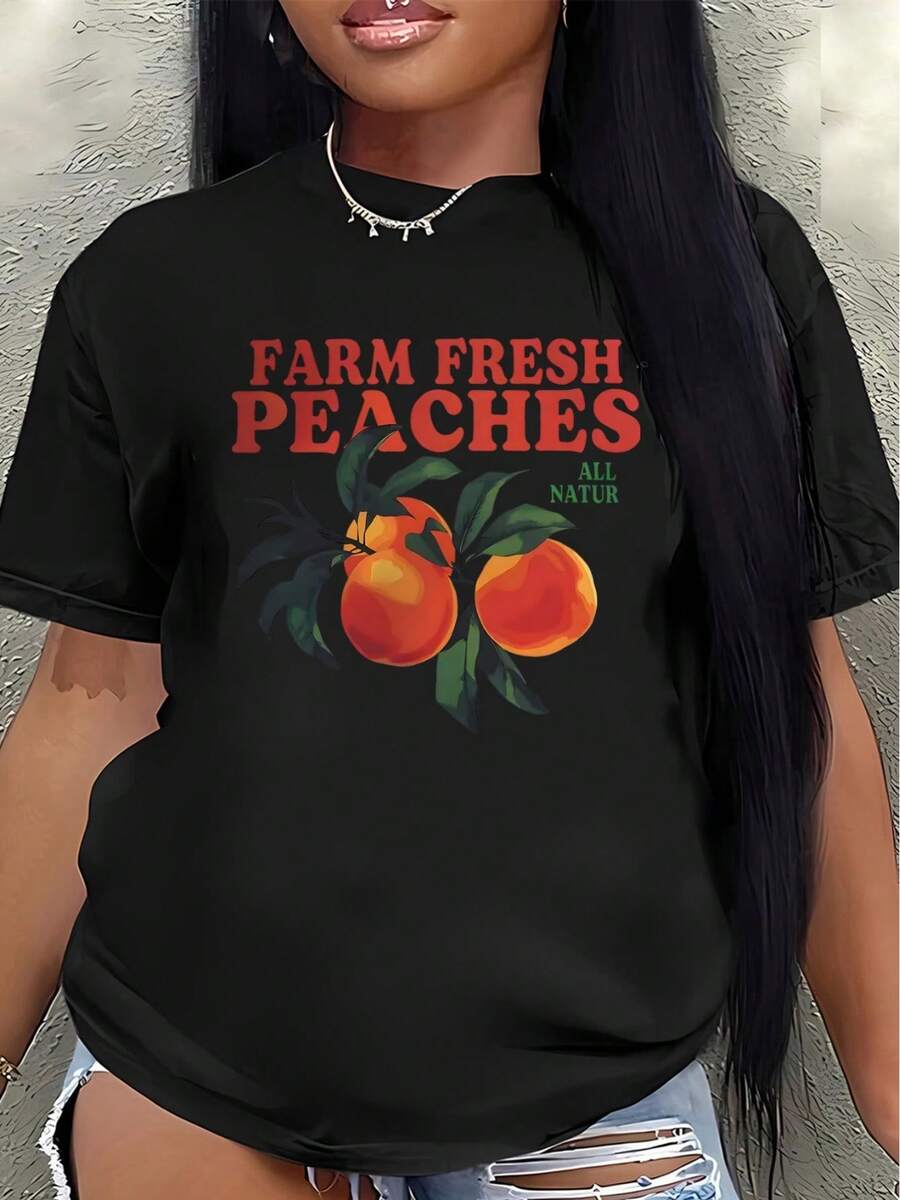 Camiseta ligera de manga corta, estampada con un diseño de melocotones frescos, es perfecta para actividades casuales al aire libre y uso diario. Su diseño es duradero y resistente, lo que la hace ideal para salidas de verano y decoración de cocina.blusas para mujer>ropa - Negro - Ver 1