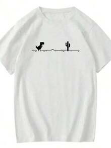 Camiseta de manga corta con cuello redondo y estampado para mujer Silueta de escena de paise desértico con cactus y dinosaurios S-3XL moda, cómodo y transpirable unio lavable a máquina - Blanco - Ver 2