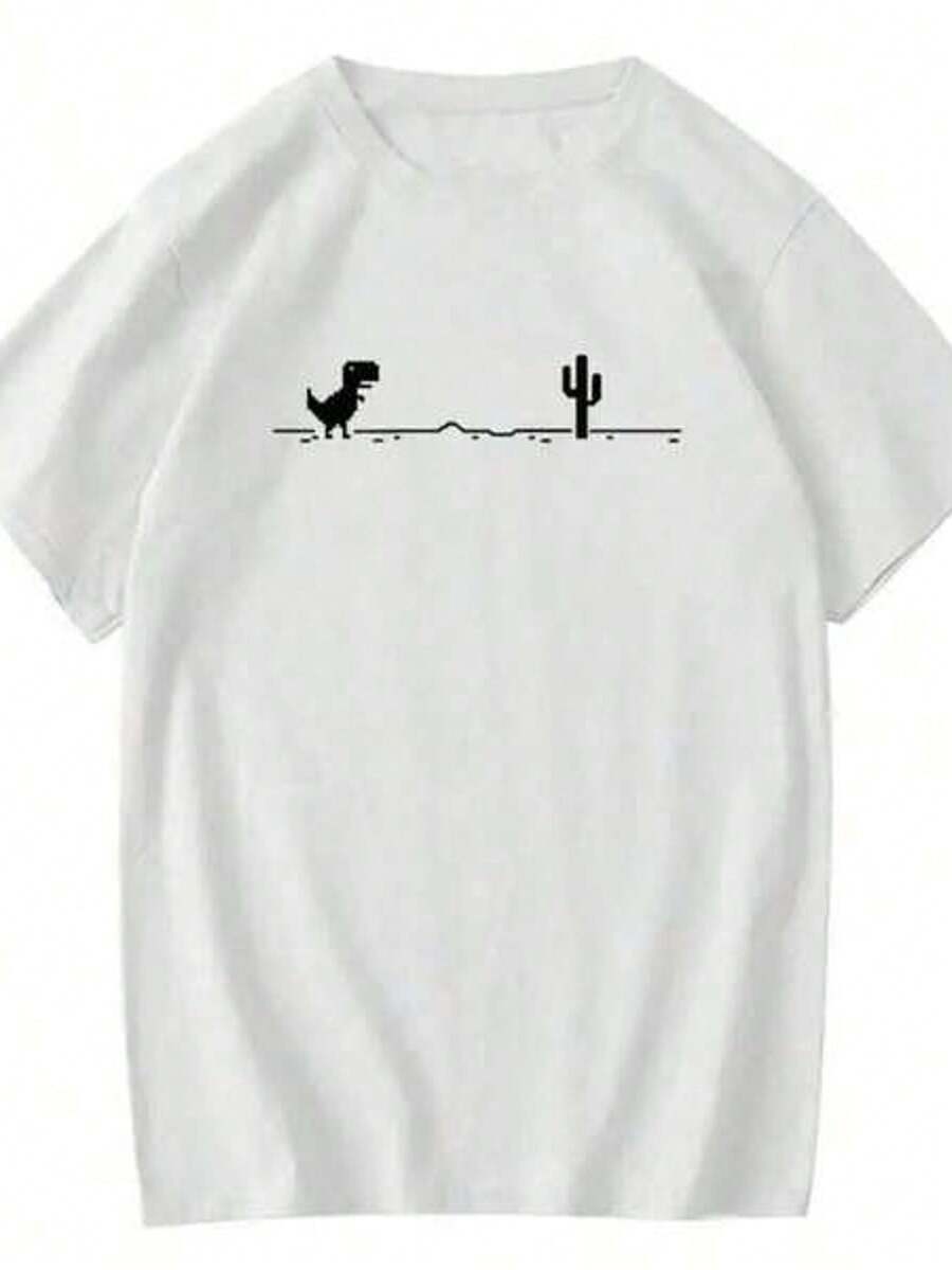Camiseta de manga corta con cuello redondo y estampado para mujer Silueta de escena de paise desértico con cactus y dinosaurios S-3XL moda, cómodo y transpirable unio lavable a máquina