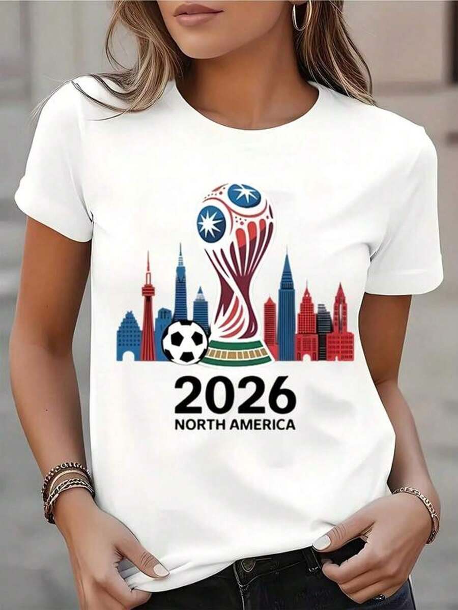 Camiseta de manga corta con cuello redondo y estampado para mujer Copa del Mundo 2026 Norteamérica S-3XL moda, cómodo y transpirable uni lavable a máquina
