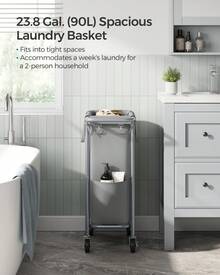 SONGMICS Laundry Basket With Wheels, Rolling Laundry Hamper, 23.8 Gallons (90 L), Removable Liner, Steel Frame With Handle, 24 X 11.4 X 31.9 Inches - 鴿灰色 - 查看 6