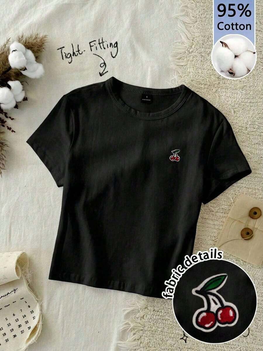 Women's Basic Casual Slim Fit Short Sleeve T-Shirt, 95% Cotton, Women's Summer Clothes, Women's Basic Set, Y2k, Fashion, Elegant. - 黑色 - 查看 1