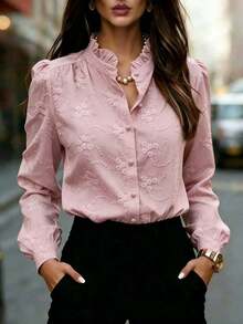 Women's Long-Sleeved Solid-Color Shirt With Floral Embroidered Collar, Fashionable Casual And Business Shirt Suitable For The Office, Work, Home, And Year-Round Wear, Spring/Summer/Autumn/Winter Pink - 黑色 - 查看 11