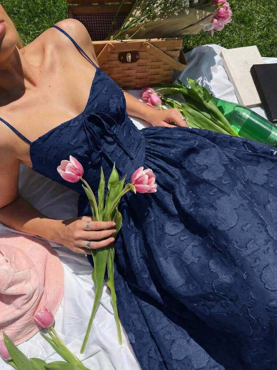 MOD Vestido midi de verano de mujer elegante de unicolor con recortes sin mangas - Azul marino - Ver 1