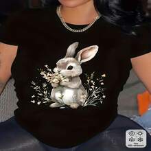 Women's Cotton Short Sleeve Round Neck Rabbit Print Casual T-Shirt - Negro - Ver 1