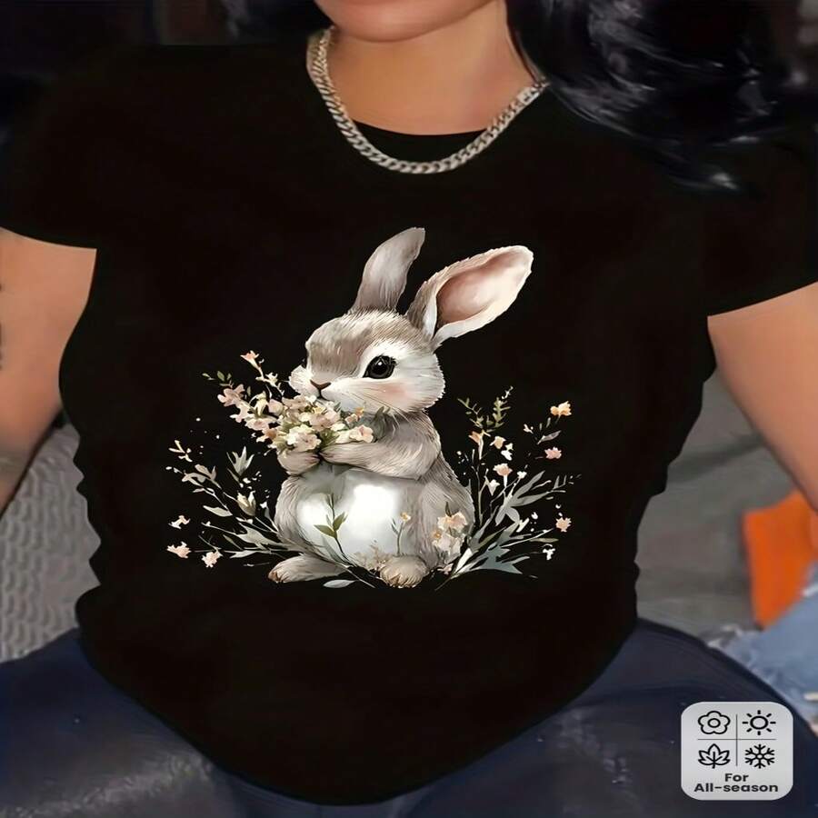 Women's Cotton Short Sleeve Round Neck Rabbit Print Casual T-Shirt - Negro - Ver 1