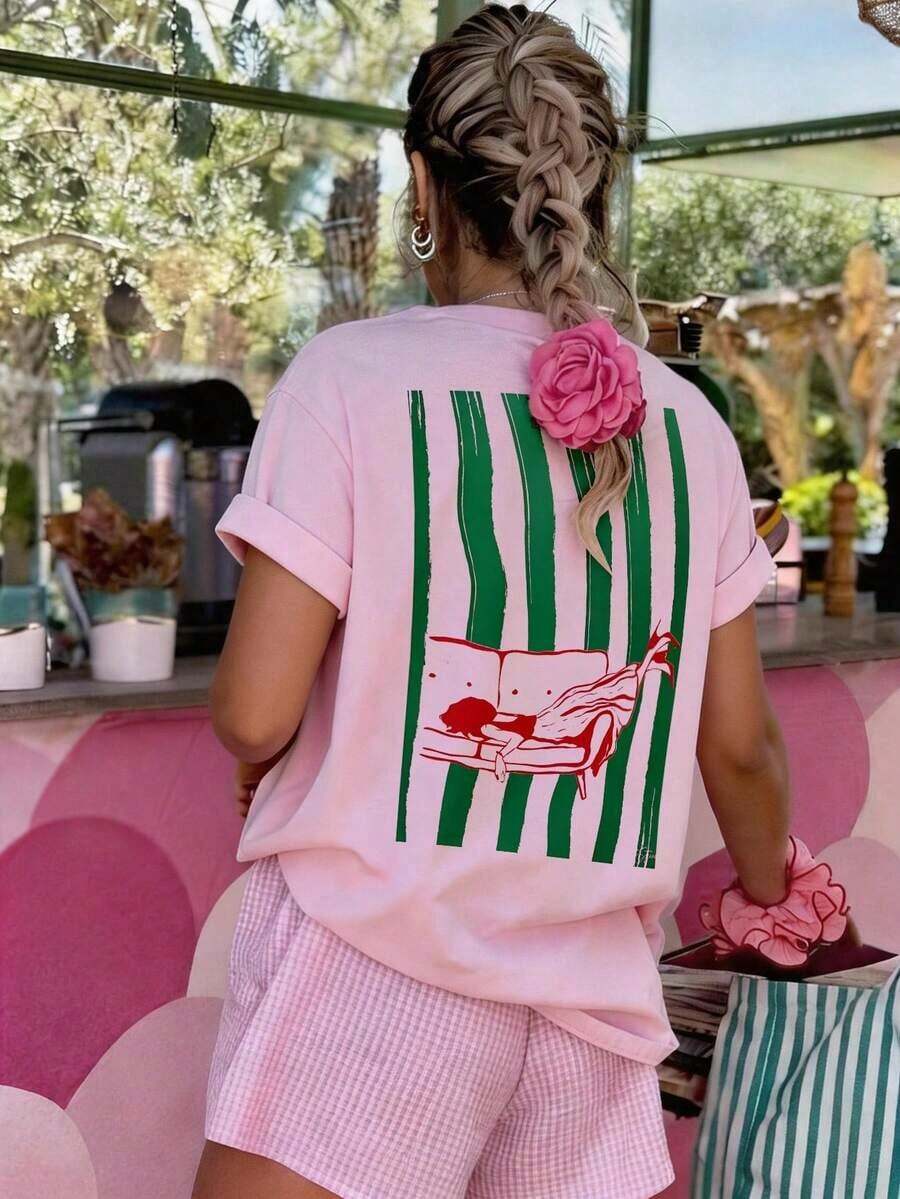 Camiseta de mujer, camiseta de manga corta con gráfico de estilo casual de calle, top de verano lindo - Rosa - Ver 1