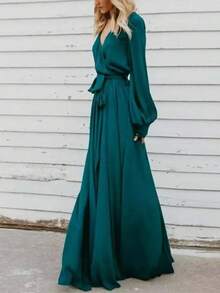 Long, Plain Dress With A Deep V-Neck, New Season European Style, Elegant, Best-Selling Women's Party Dress. - 綠色 - 查看 3