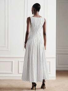 Sleeveless Maxi-Style Long Dress With Split Design And Polka Dot Print, Sleeveless A-Line Midi Dress With White Base And Black Polka Dots, Fitted High-Waisted Design, Minimalist Retro Polka Dot Element, Lightweight And Flowing Fabric, Suitable For Casual Wear, Parties Or Work, Versatile Spring And Summer Dress For Ladies - 黑色 - 查看 2