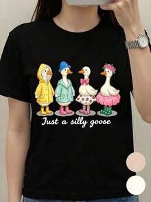 Women's Short-Sleeved, Round-Neck T-Shirt In Cotton, Available In White, Apricot, And Multicolor, Featuring A Fun And Modern Silly Goose Print. Perfect For Festivals And Parties, This Casual Yet Stylish Summer T-Shirt Is A Great Choice. YVSE Women's T-Shirts - 黑色 - 查看 1