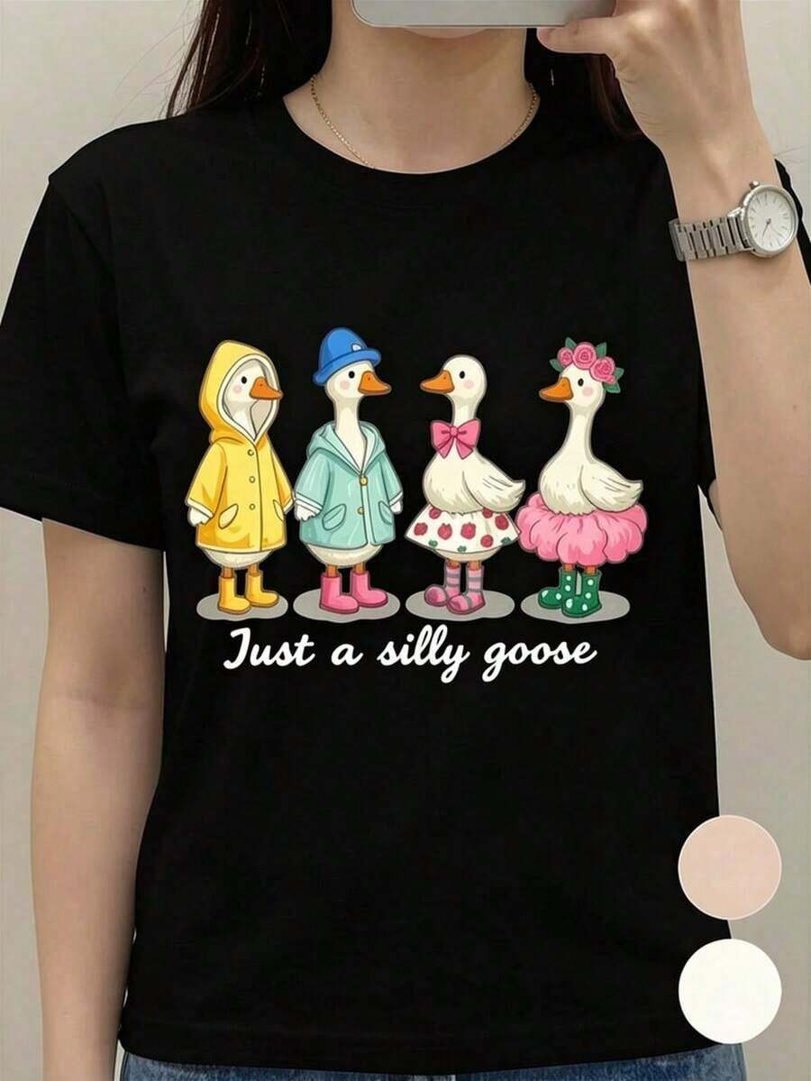 Women's Short-Sleeved, Round-Neck T-Shirt In Cotton, Available In White, Apricot, And Multicolor, Featuring A Fun And Modern Silly Goose Print. Perfect For Festivals And Parties, This Casual Yet Stylish Summer T-Shirt Is A Great Choice. YVSE Women's T-Shirts - 黑色 - 查看 1