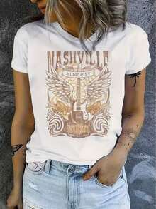 Women's Casual T-Shirt For Everyday Wear, Sporty, Short Sleeve, With Vintage Nashville Guitar And Wings Print, Suitable For Vacation. Cotton T-Shirt, Ideal Gift. - White - View 6
