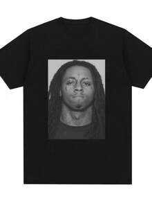 playeras de mujerRapper Lil Waynes Mugshot Graphic T-shirt 100 Cotton Comfort Loose T Shirt Men Women Hip Hop Vintage Short Sleeve Oversized T-shirts - Negro - Ver 1
