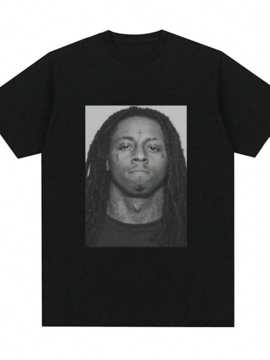 playeras de mujerRapper Lil Waynes Mugshot Graphic T-shirt 100 Cotton Comfort Loose T Shirt Men Women Hip Hop Vintage Short Sleeve Oversized T-shirts - Negro - Ver 1