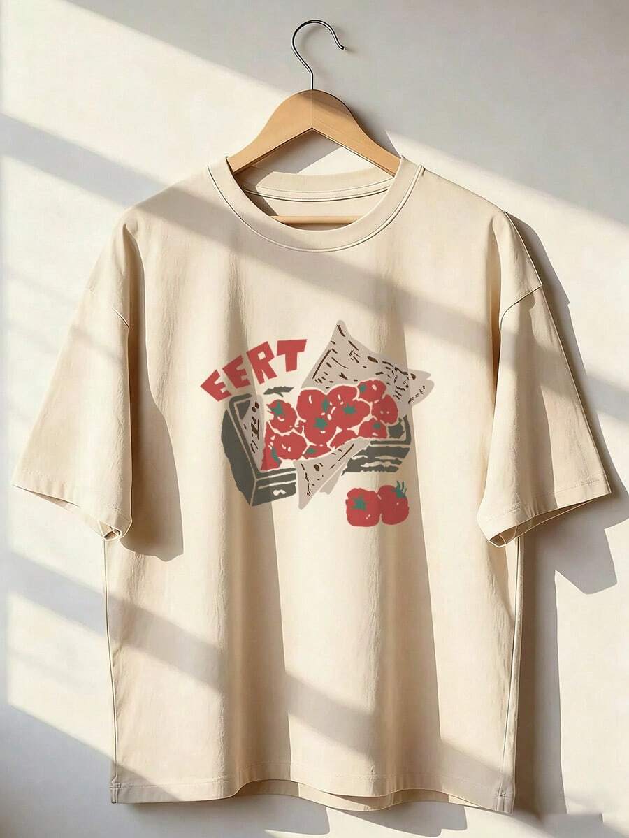Strawberry Print T-Shirt With "EERT" Text, Short-Sleeve T-Shirt For Spring/Summer 2026, Made In Mexico, 180 Grams. Cartoon Print, Couple Design, Suitable For Indoor Or Outdoor Wear. Crew Neck, Unisex, Ideal For Office And Leisure. One-Pack. - APR-P631577SLNDXZGY636 - 查看 1