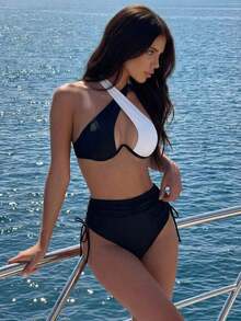Conjunto de bikini 2025 para mujer con diseño de cruz calado, halter, sexy y con soporte de aros para el verano - Blanco y Negro - Ver 12