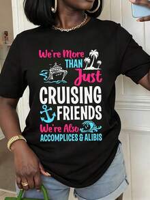 1 Piece Of Women's Summer T-Shirt With A Cruise Ship And Palm Tree Design. We're More Than Just Cruise Buddies, We're Also Partners In Crime And Companions. Casual Short-Sleeved Crew Neck T-Shirt For Summer Vacation. Gift For Your Best Friend. Women's T-Shirts. - 黑色 - 查看 7