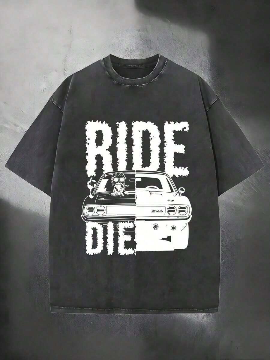 Men's And Women's 230g Washed T-Shirt With Cycling Or Motorcycling Theme Print, Men's Summer T-Shirt, Made Of High-Quality Cotton With Wax Print, Casual For All Seasons, Suitable For Urban And Outdoor Activities, Is The Perfect Gift For Festivals. - 黑色 - 查看 1