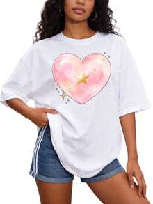 Camiseta básica de cuello redondo para mujer con estampado de corazones y estrellas, tallas S-2XL, 100% en colores sólidos negro y blanco. Ideal para conjuntos familiares a juego y para parejas, perfecta para primavera y verano. Un regalo perfecto para mamá en el Día de la Madre, un regalo familiar o para mejores amigas. Ecológica. - Blanco - Ver 7