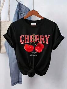 Camiseta con estampado de camisa casual para mujer, manga corta y cuello redondo, moda urbana local de primavera/verano. - Negro - Ver 1