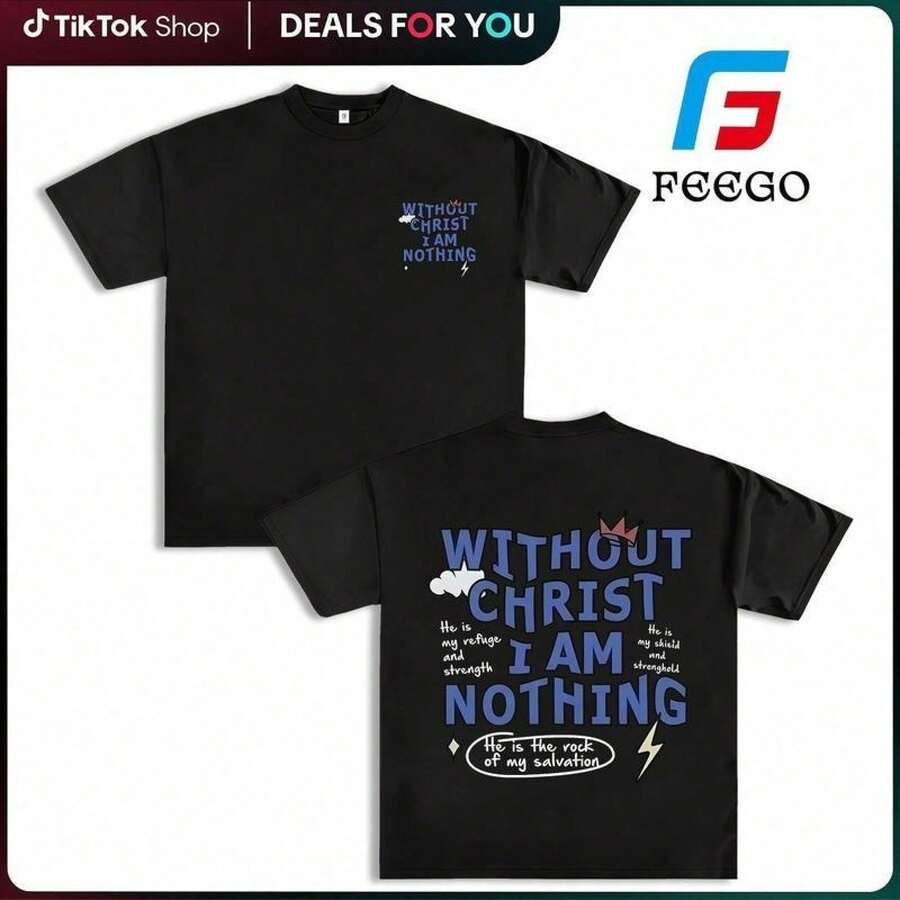 Free Shipping | Men's Square Cut Crew Neck T-Shirt With Christian Faith Letter Print, Casual Streetwear, White Short Sleeve Everyday T-Shirt, All Season Crew Neck T-Shirt, Fun Graphic Tee 4L8R QENS - 黑色 - 查看 1
