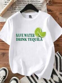 T-Shirt With The Print "Save Water, Drink Tequila" And A Lime Wedge For Casual Wear And Party Outfits. Women's Casual Blouse - 白色 - 查看 4