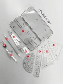 10pcs Compass & Ruler Set Student Drawing Tools Triangle Ruler Protractor Drafting Supplies Professional Drawing Ruler Compass With Pen Holder Multi-Function - Sets - View 3