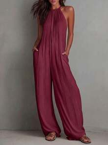 White Wide-Leg Jumpsuit With Pleats And Open Back, Perfect For A Holiday Look. - Burgundy - View 4