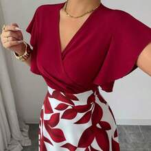Vestido ajustado y acampanado con volantes y mangas de capa, con estampado de hojas de color rojo burdeos, para primavera/verano - Multicolor - Ver 5