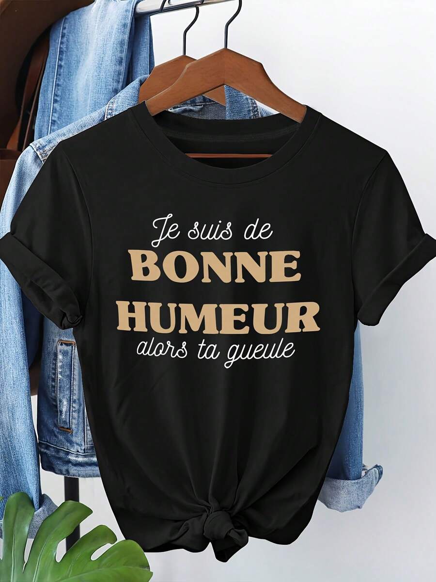 Imprimado de texto "I'M in a GOOD MOOD So Shut Your Mouth", Top casual de manga corta y cuello redondo para verano y primavera, Ropa de mujer[COD] - Negro - Ver 1