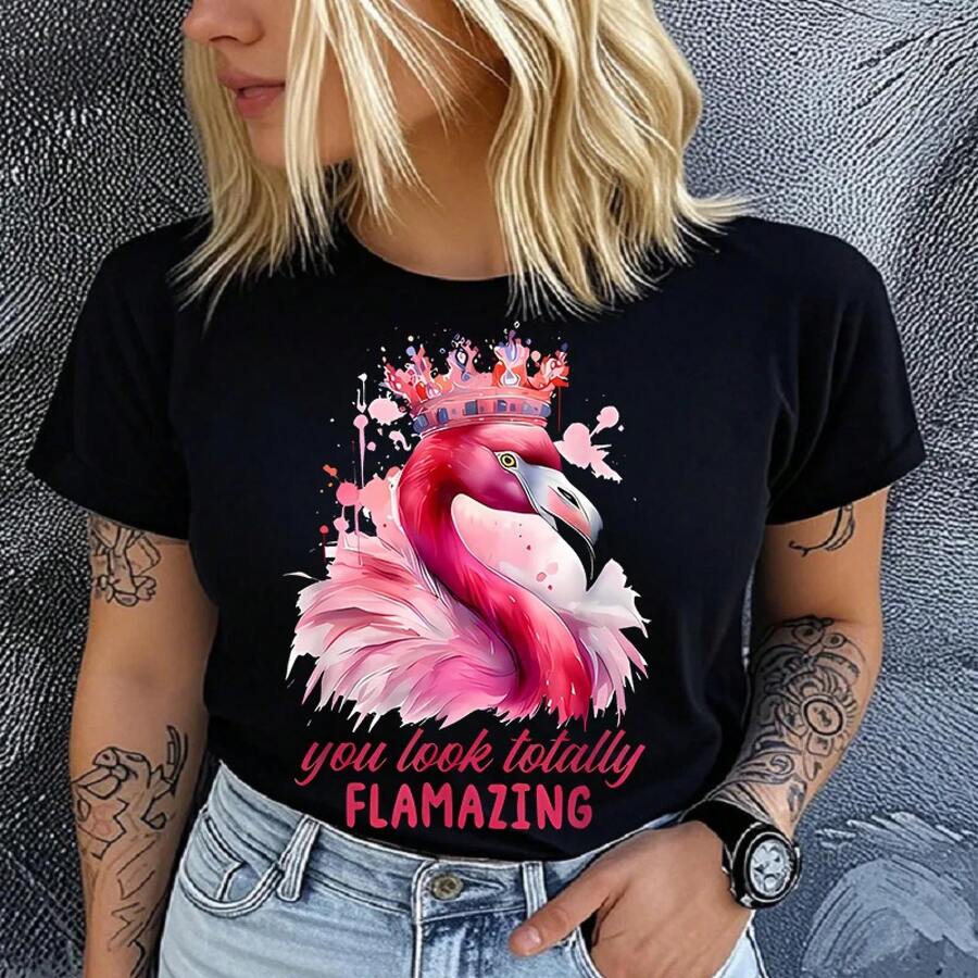 Bestselling 2026 T-Shirt, 100% Cotton, With Pink Flamingo And Crown Print - Casual Short-Sleeved Crew Neck T-Shirt, Women's Graphic Knit Summer Clothing - 黑色 - 查看 1
