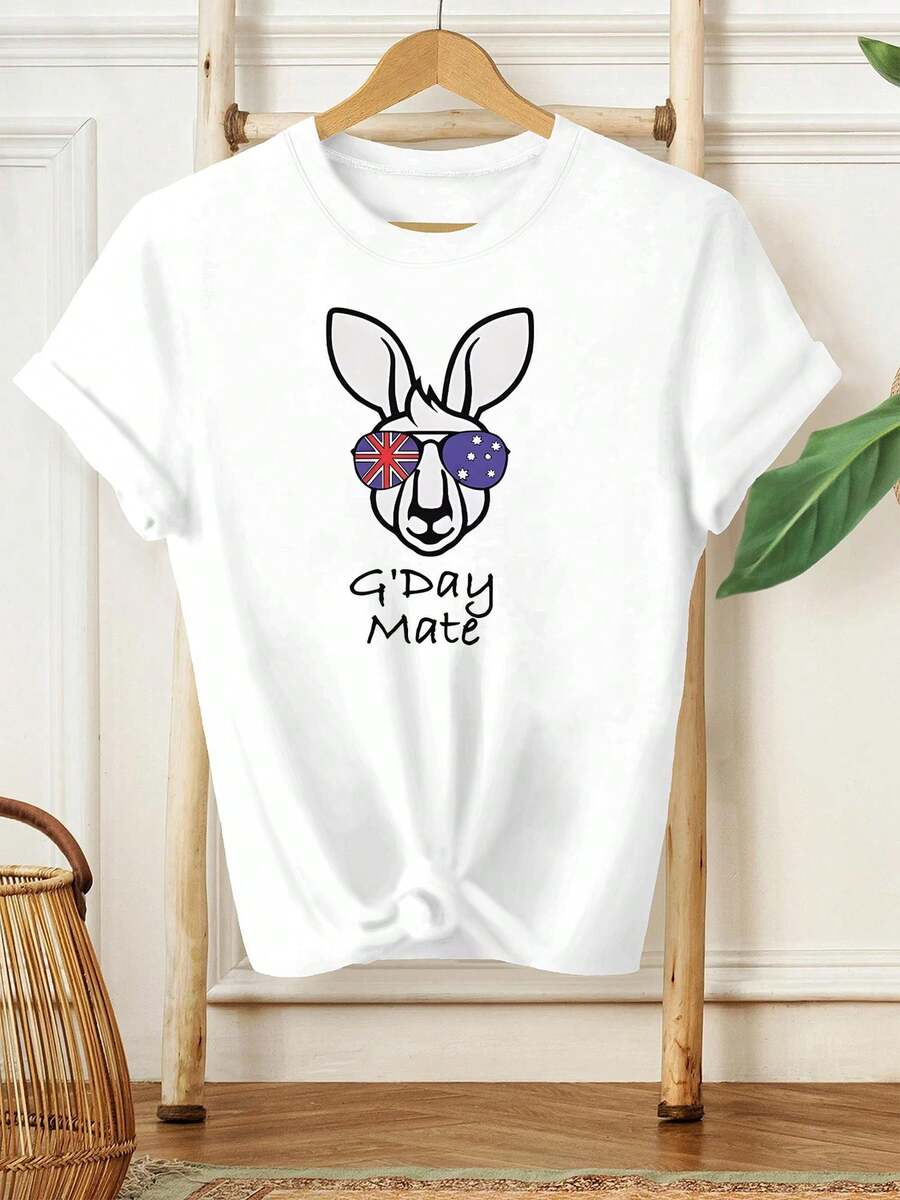 Women's Casual Sports T-Shirt, White V-Neck With Kangaroo Graphic And Text -- Stretch Shirt, Machine Washable, Comfortable Fit And Perfect For All Seasons. - 白色 - 查看 1