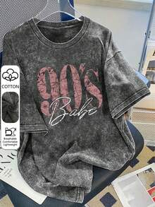 90s Retro Print Women's T-Shirt - Casual Short Sleeve Crew Neck Washed Top, Suitable For All Seasons Black Summer - Black - View 5